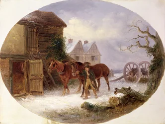 Chłopiec prowadzący konie do stodoły w śniegu